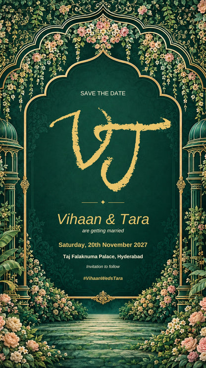 Save the date e-invite in emerald green with a gold brush monogram under a flowering arch, EINV-009