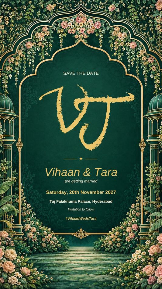 Save the date e-invite in emerald green with a gold brush monogram under a flowering arch, EINV-009