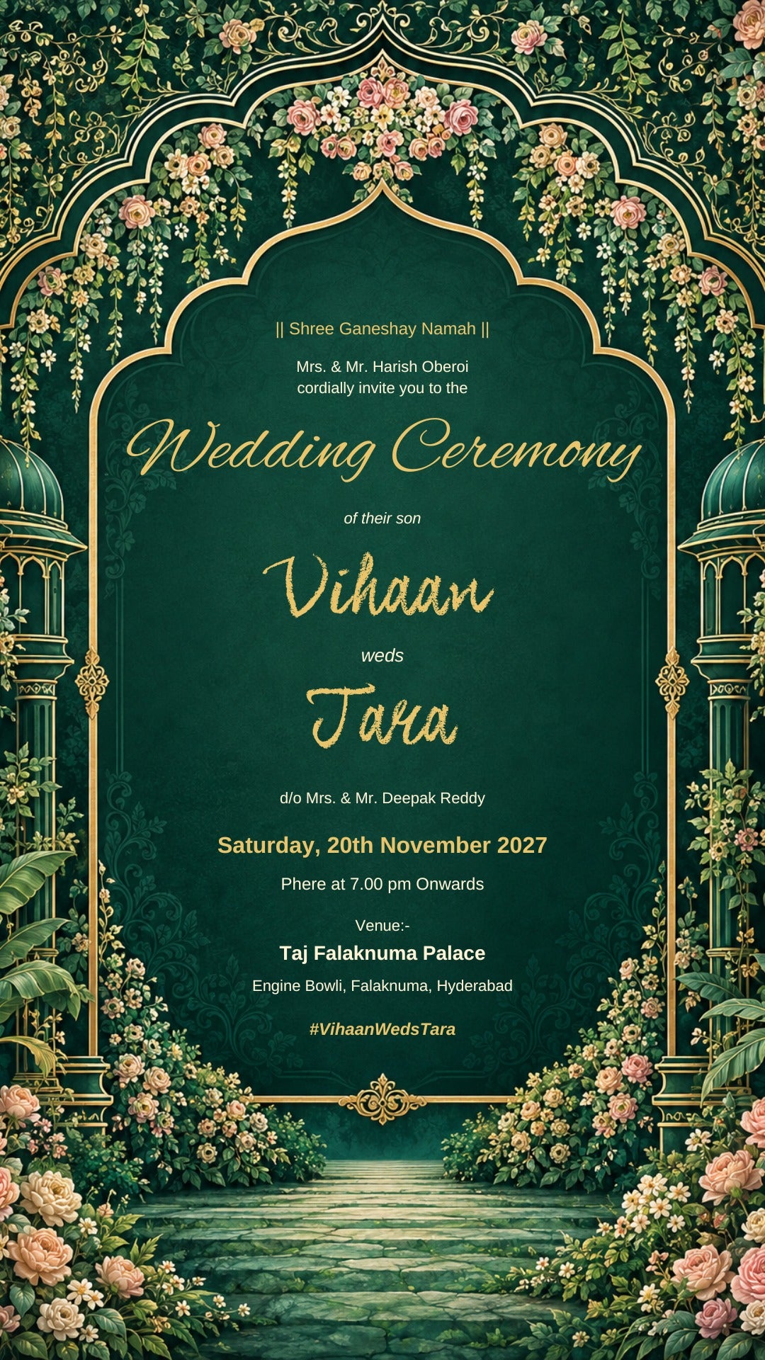 Wedding invitation e-card in emerald green with gold script names, a gold arch, roses and domed pavilions, EINV-009