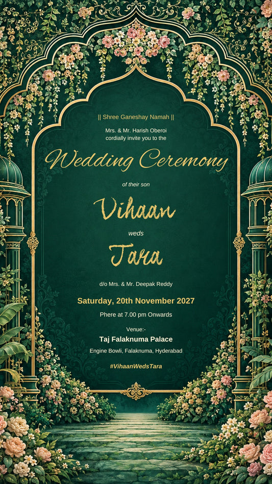 Wedding invitation e-card in emerald green with gold script names, a gold arch, roses and domed pavilions, EINV-009