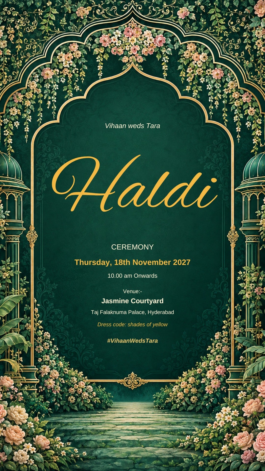 Haldi ceremony e-invite in emerald green with marigold lettering under a rose-covered arch, EINV-009