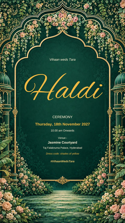 Haldi ceremony e-invite in emerald green with marigold lettering under a rose-covered arch, EINV-009