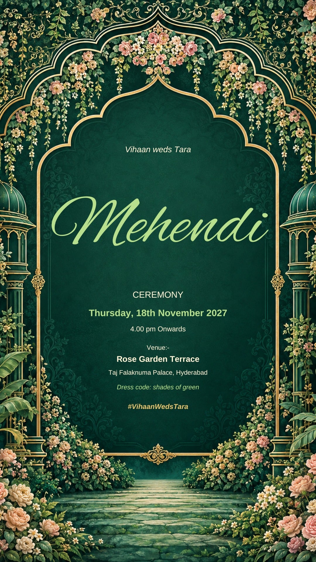 Mehendi ceremony e-invite in emerald green with mint green lettering and a garden arch, EINV-009