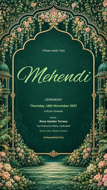 Mehendi ceremony e-invite in emerald green with mint green lettering and a garden arch, EINV-009