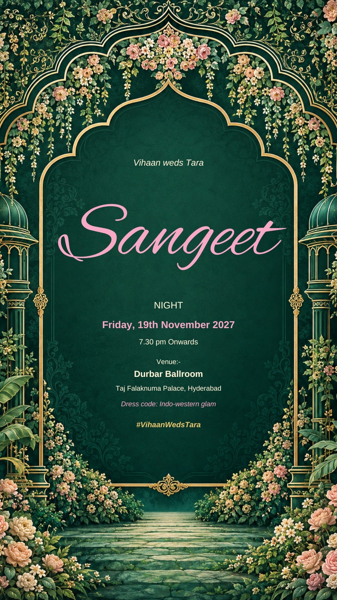 Sangeet night e-invite in emerald green with pink lettering, gold arch and roses, EINV-009