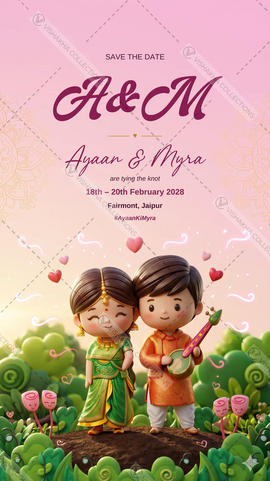 Caricature save the date e-invite: cute 3D cartoon bride and groom in a flower garden under a wine A&M monogram on blush pink, EINV-010