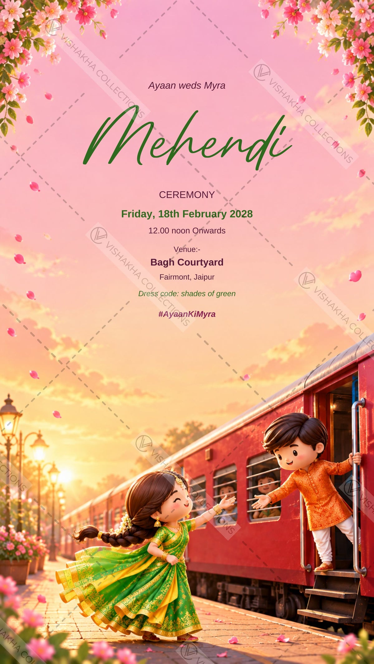 Mehendi ceremony e-invite with the cartoon bride reaching for the groom's hand from a red train at a sunset platform, EINV-010