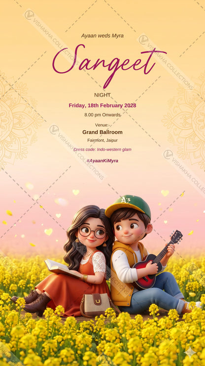 Sangeet night e-invite with the cartoon couple sitting back to back in mustard fields, him with a guitar, her with a book, EINV-010