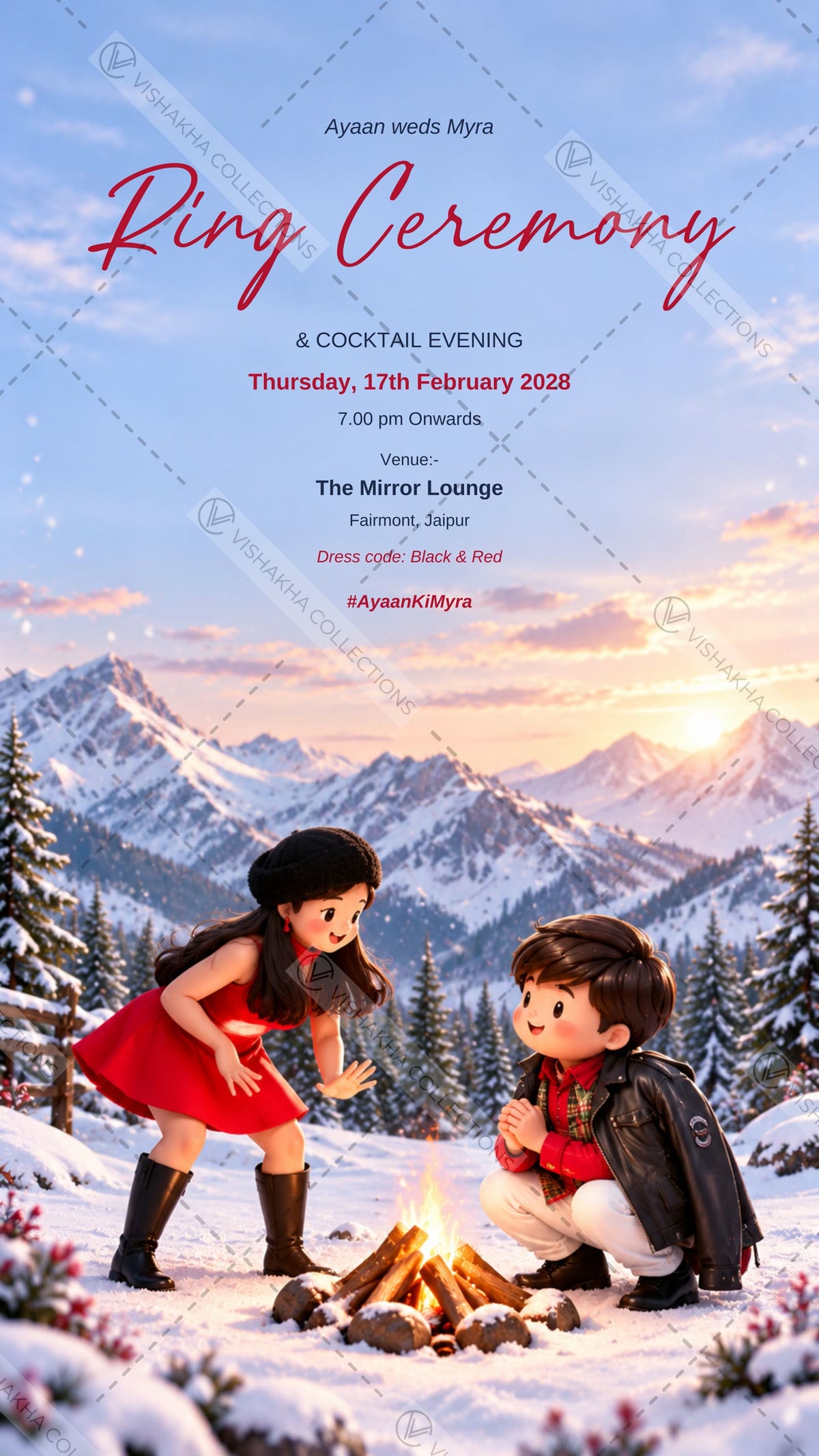 Ring ceremony and cocktail evening e-invite with the cartoon couple by a campfire in snowy mountains, EINV-010