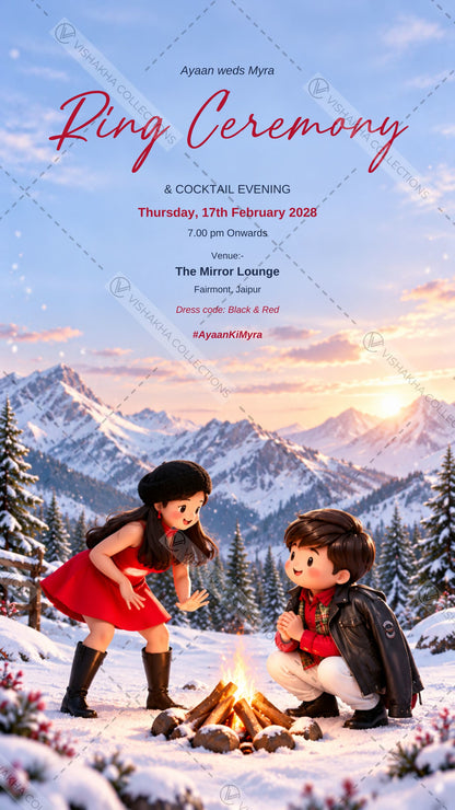 Ring ceremony and cocktail evening e-invite with the cartoon couple by a campfire in snowy mountains, EINV-010
