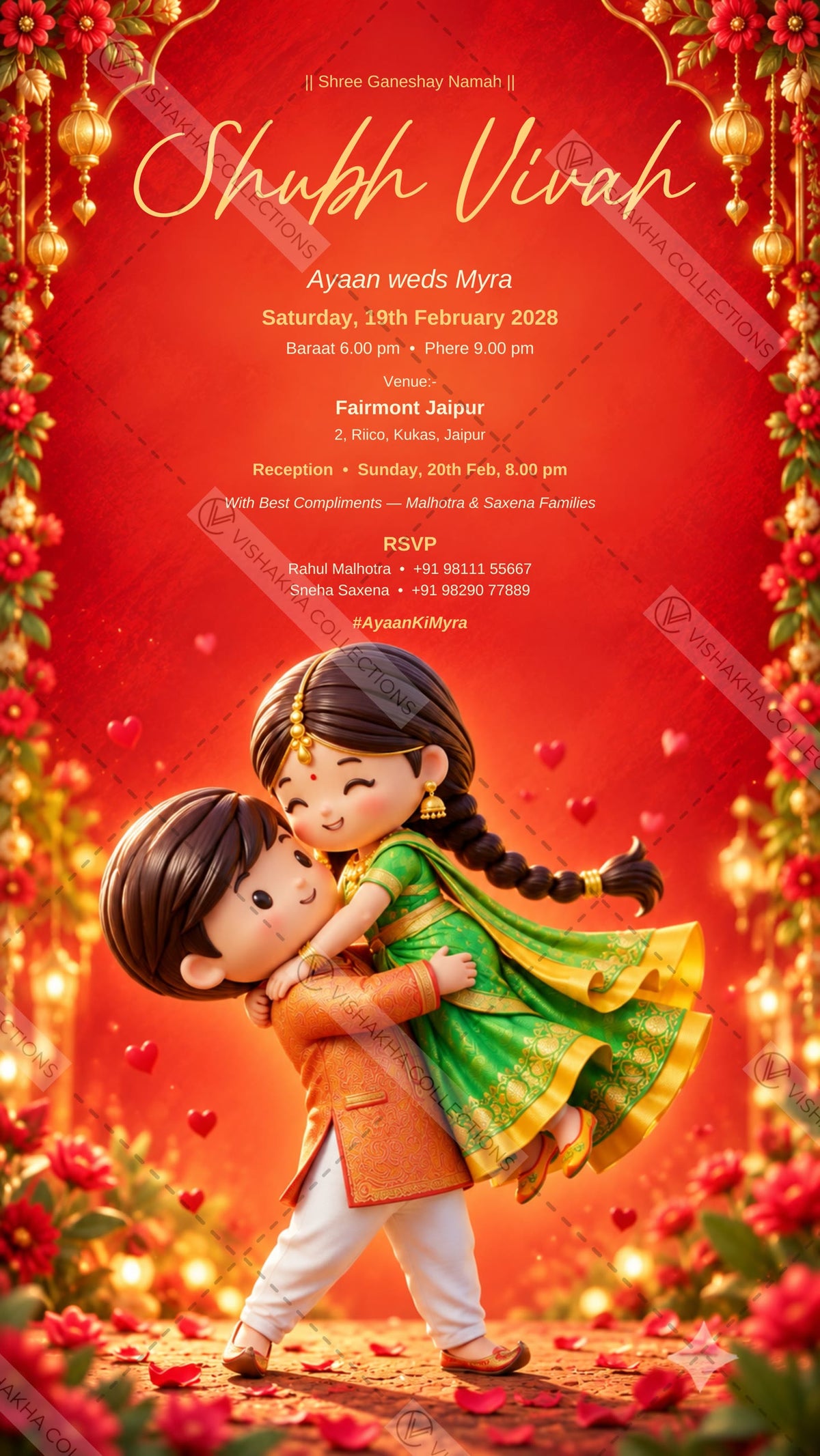 Shubh Vivah wedding e-invite in red and gold with the cartoon groom lifting the bride, reception and RSVP details, EINV-010
