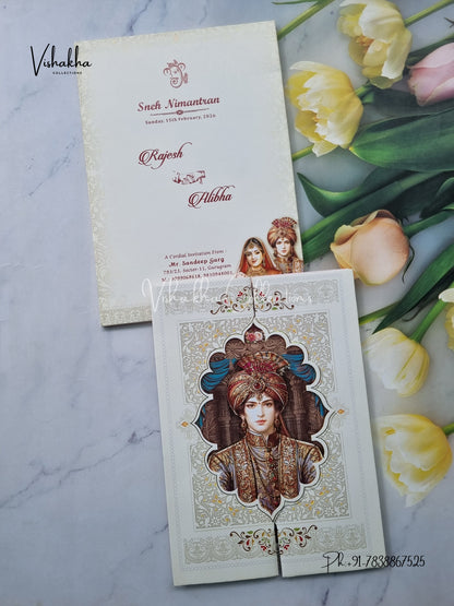 Semi Box Dulah Dulhan Double Door Hindu Cream And Multicolor Colored invitation Cards NA-1125-46