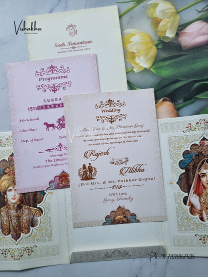 Semi Box Dulah Dulhan Double Door Hindu Cream And Multicolor Colored invitation Cards NA-1125-46
