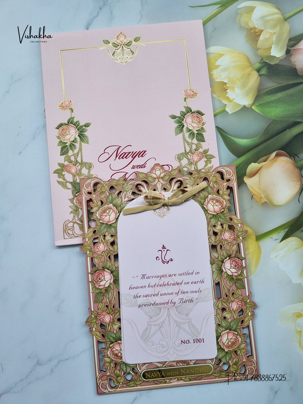 Semi Box MDF Board Laser Cut Ribbon Flower Hindu Muslim Christian Sikh Jain invitation Cards LN-1001 – image 1