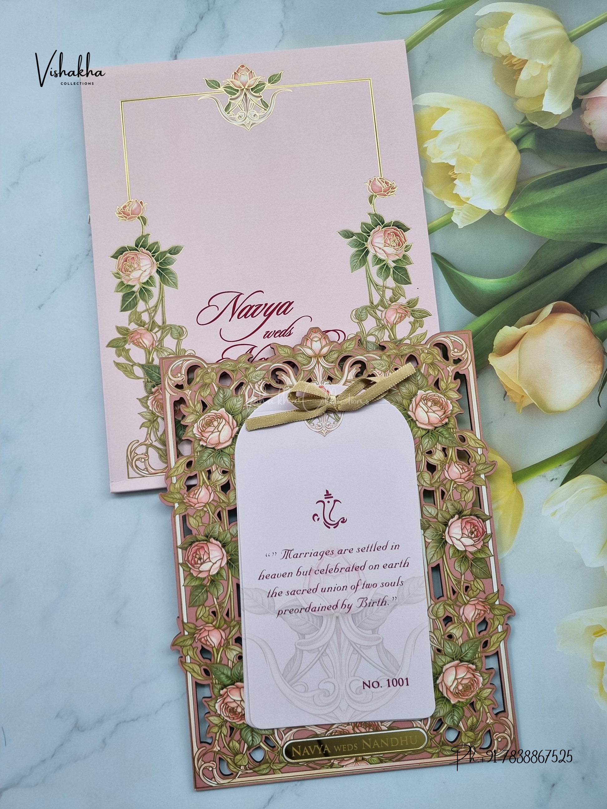Semi Box MDF Board Laser Cut Ribbon Flower Hindu Muslim Christian Sikh Jain invitation Cards LN-1001 – image 1