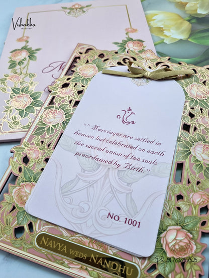 Semi Box MDF Board Laser Cut Ribbon Flower Hindu Muslim Christian Sikh Jain invitation Cards LN-1001 – image 2
