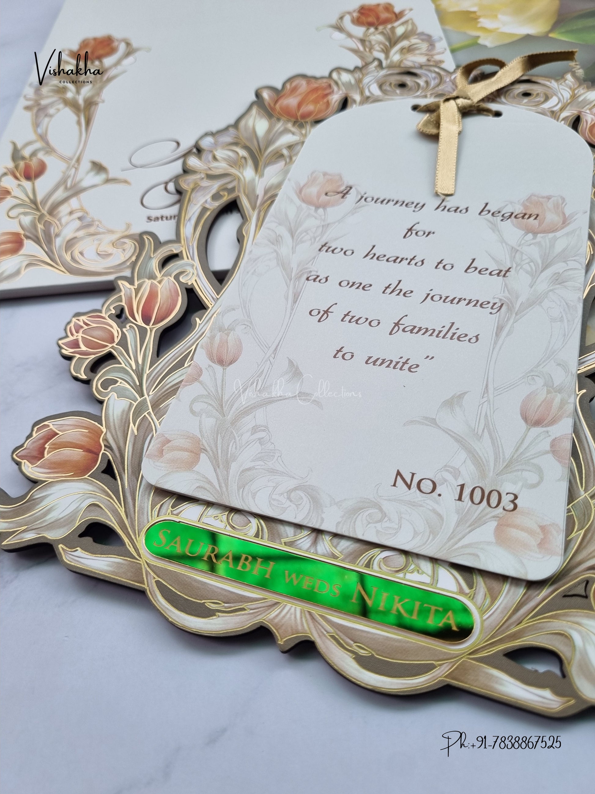 Semi Box MDF Board Laser Cut Ribbon Flower Hindu Muslim Christian Sikh Jain invitation Cards LN-1003 – image 2