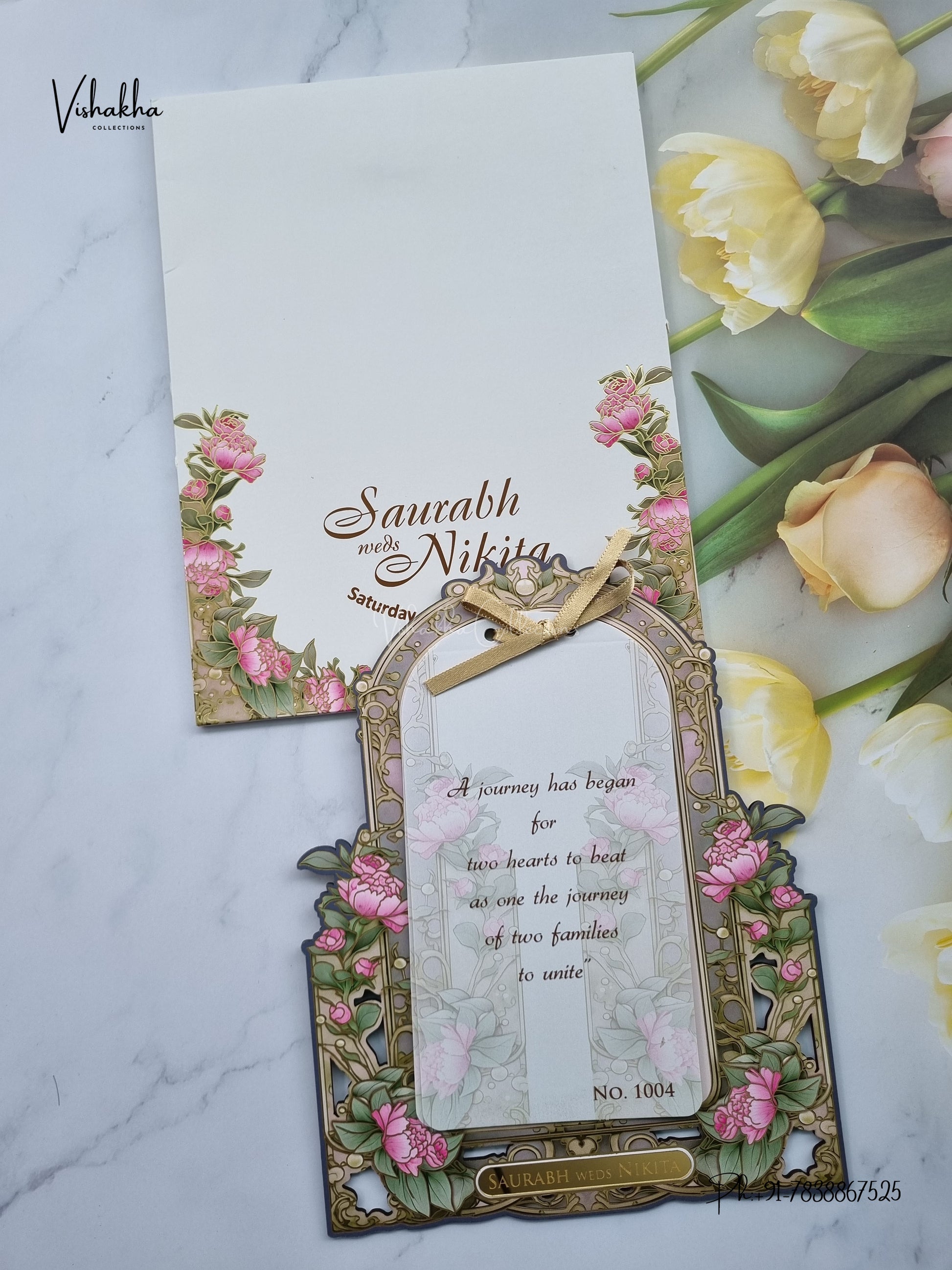 Semi Box MDF Board Laser Cut Ribbon Flower Hindu Muslim Christian Sikh Jain invitation Cards LN-1004 – image 1