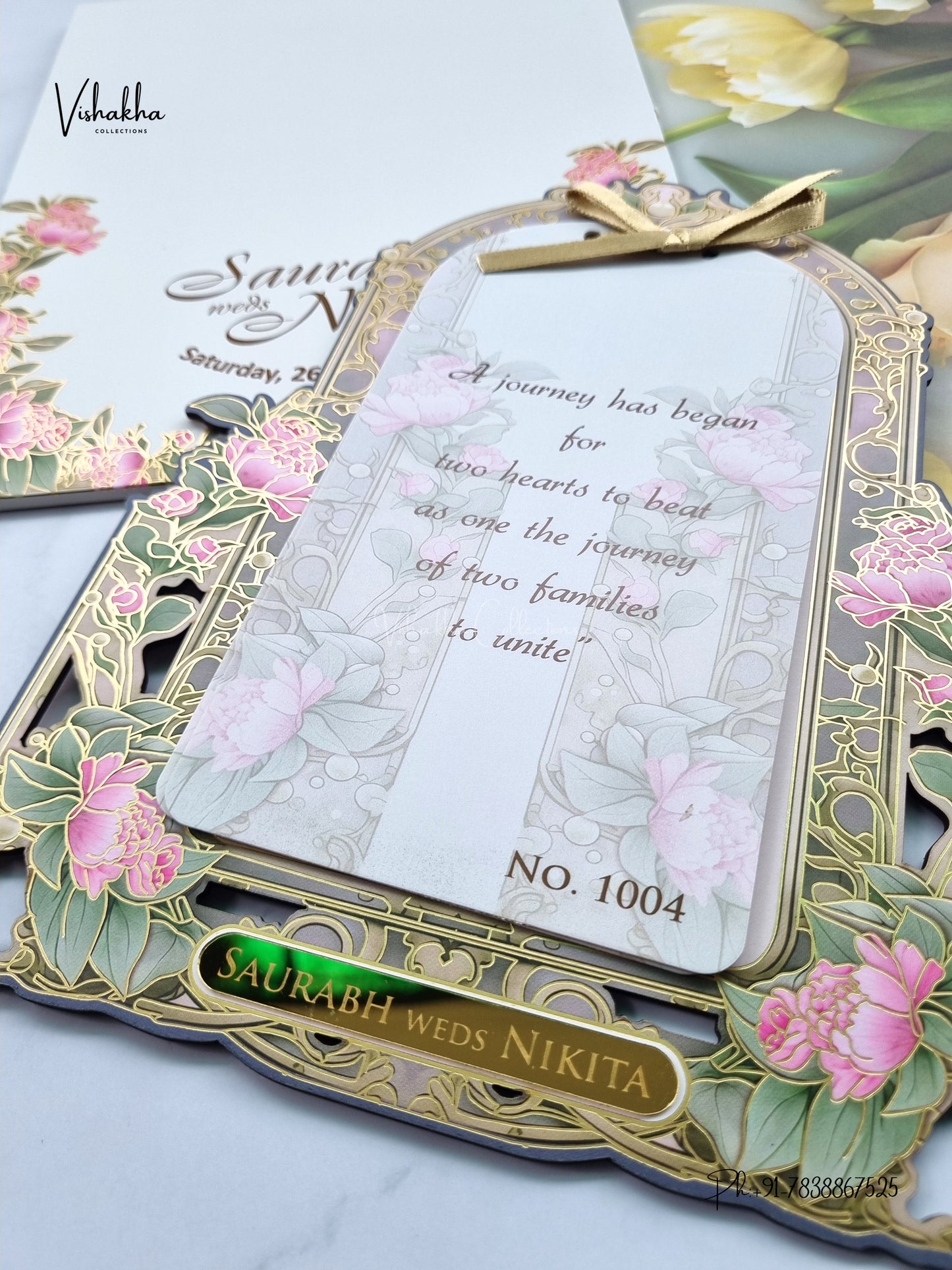 Semi Box MDF Board Laser Cut Ribbon Flower Hindu Muslim Christian Sikh Jain invitation Cards LN-1004 – image 2