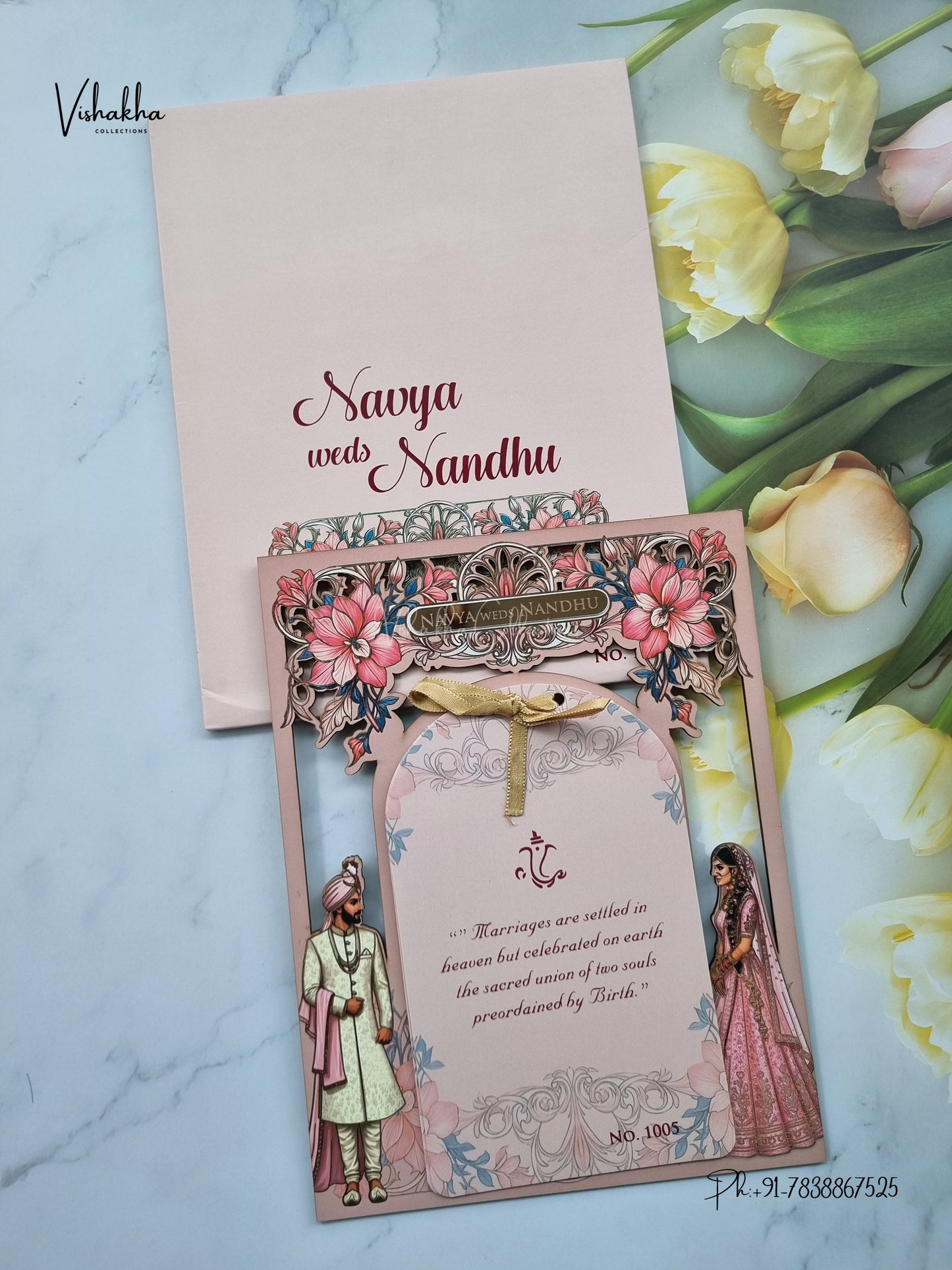 Semi Box MDF Board Laser Cut Ribbon Dulah Dulhan Hindu Muslim Christian Sikh Jain invitation Cards LN-1005 – image 1