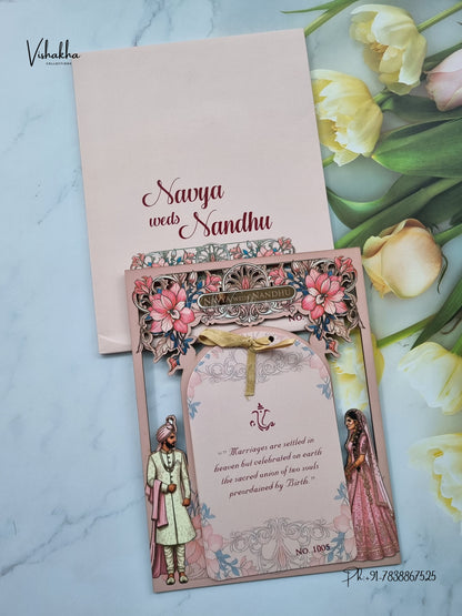 Semi Box MDF Board Laser Cut Ribbon Dulah Dulhan Hindu Muslim Christian Sikh Jain invitation Cards LN-1005 – image 1