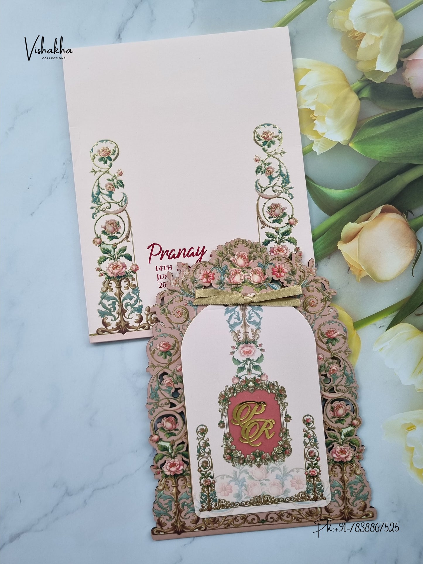 Semi Box MDF Board Laser Cut Ribbon Flower Hindu Muslim Christian Sikh Jain invitation Cards LN-1006 – image 1