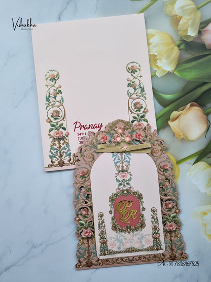 Semi Box MDF Board Laser Cut Ribbon Flower Hindu Muslim Christian Sikh Jain invitation Cards LN-1006 – image 1