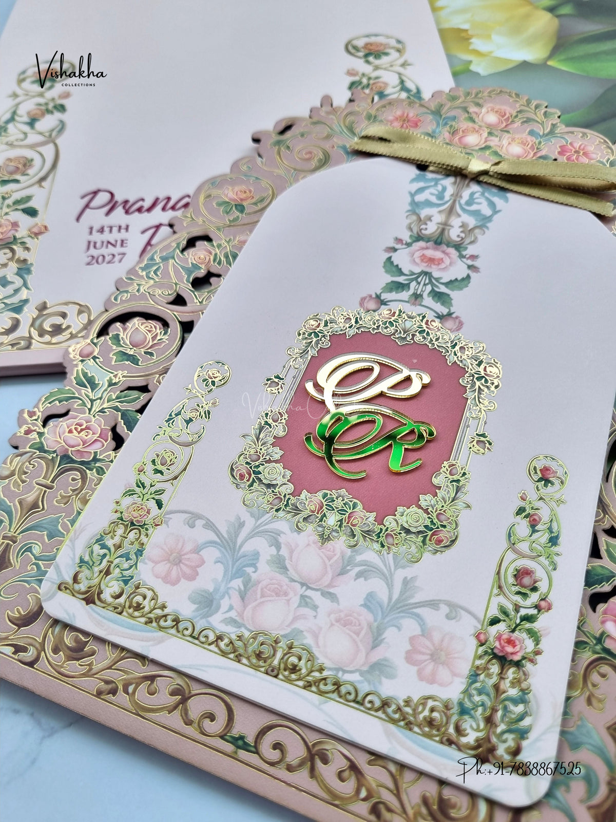 Semi Box MDF Board Laser Cut Ribbon Flower Hindu Muslim Christian Sikh Jain invitation Cards LN-1006 – image 2