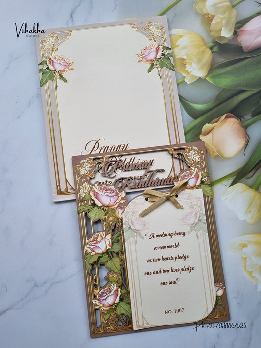 Semi Box MDF Board Laser Cut Ribbon Flower Hindu Muslim Christian Sikh Jain invitation Cards LN-1007 – image 1