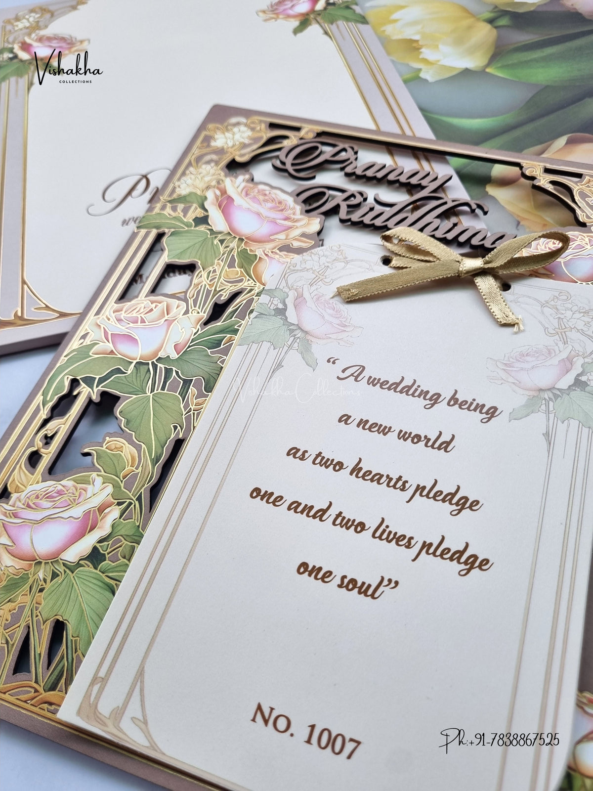 Semi Box MDF Board Laser Cut Ribbon Flower Hindu Muslim Christian Sikh Jain invitation Cards LN-1007 – image 2