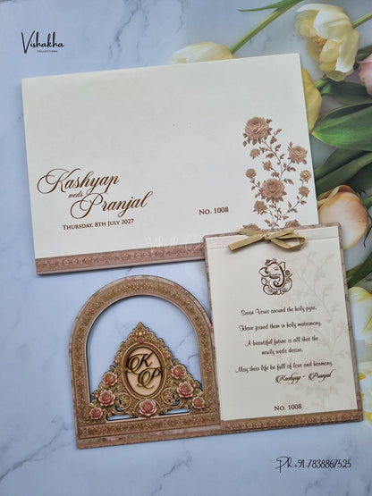 Semi Box MDF Board Laser Cut Ribbon Flower Hindu Muslim Christian Sikh Jain invitation Cards LN-1008 – image 1