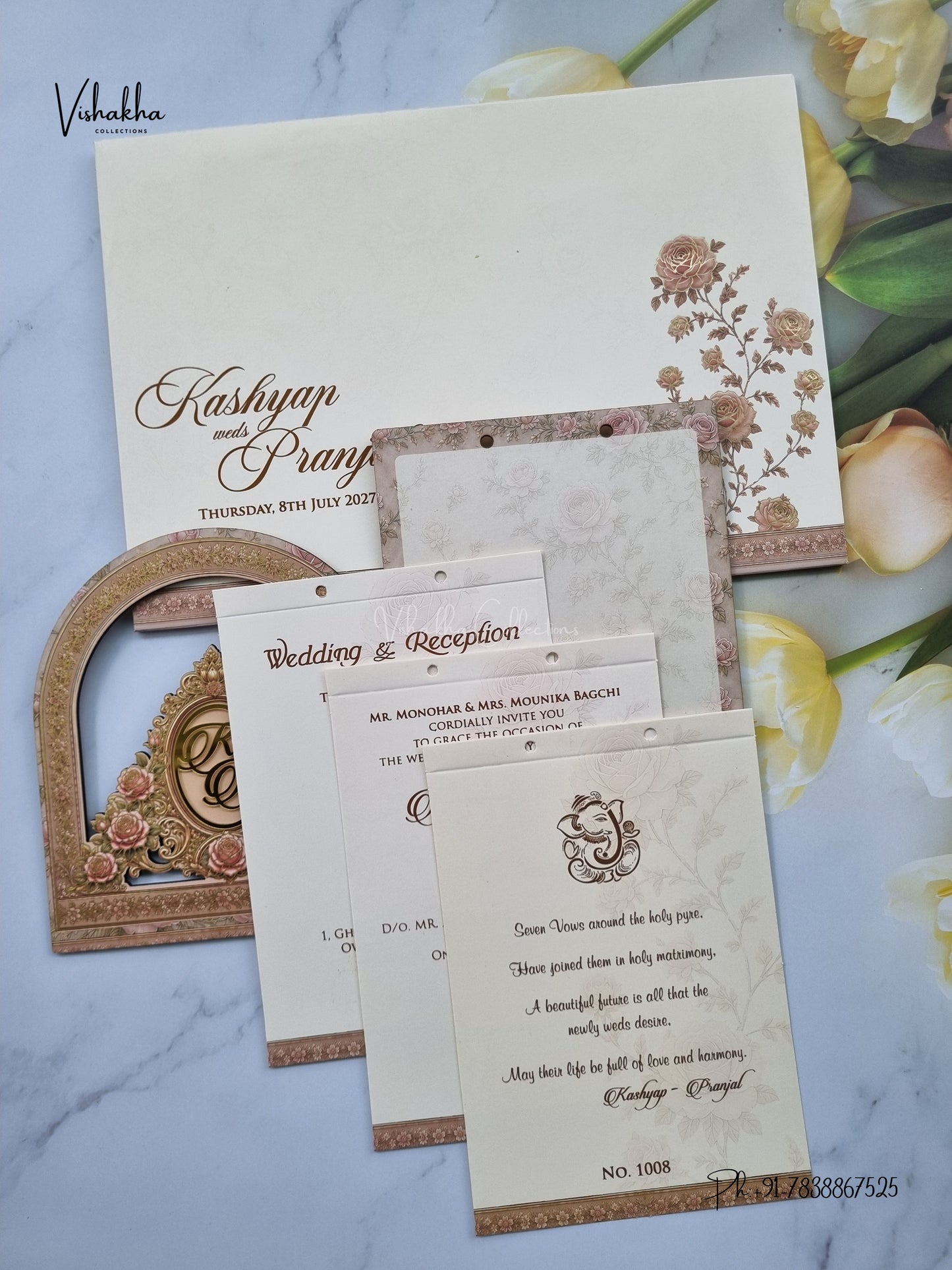 Semi Box MDF Board Laser Cut Ribbon Flower Hindu Muslim Christian Sikh Jain invitation Cards LN-1008 – image 3