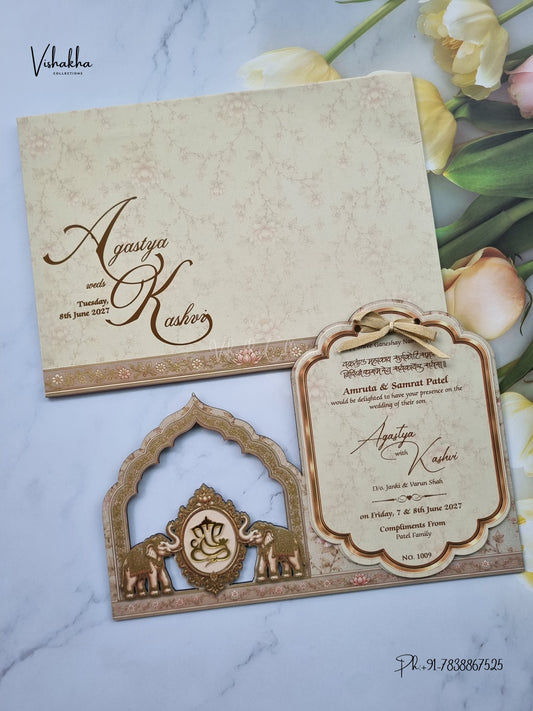 Semi Box MDF Board Laser Cut Ribbon Hathi Hindu Muslim Christian Sikh Jain invitation Cards LN-1009 – image 1