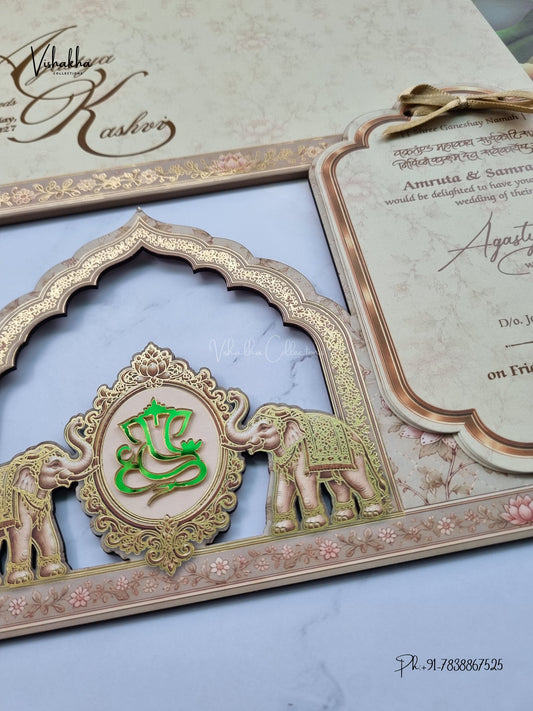 Semi Box MDF Board Laser Cut Ribbon Hathi Hindu Muslim Christian Sikh Jain invitation Cards LN-1009 – image 2