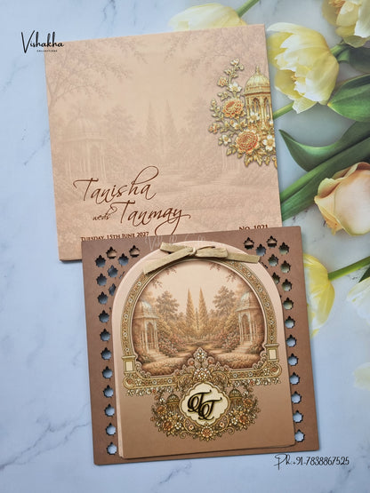 Semi Box MDF Board Laser Cut Ribbon Flower Hindu Muslim Christian Sikh Jain invitation Cards LN-1021 – image 1