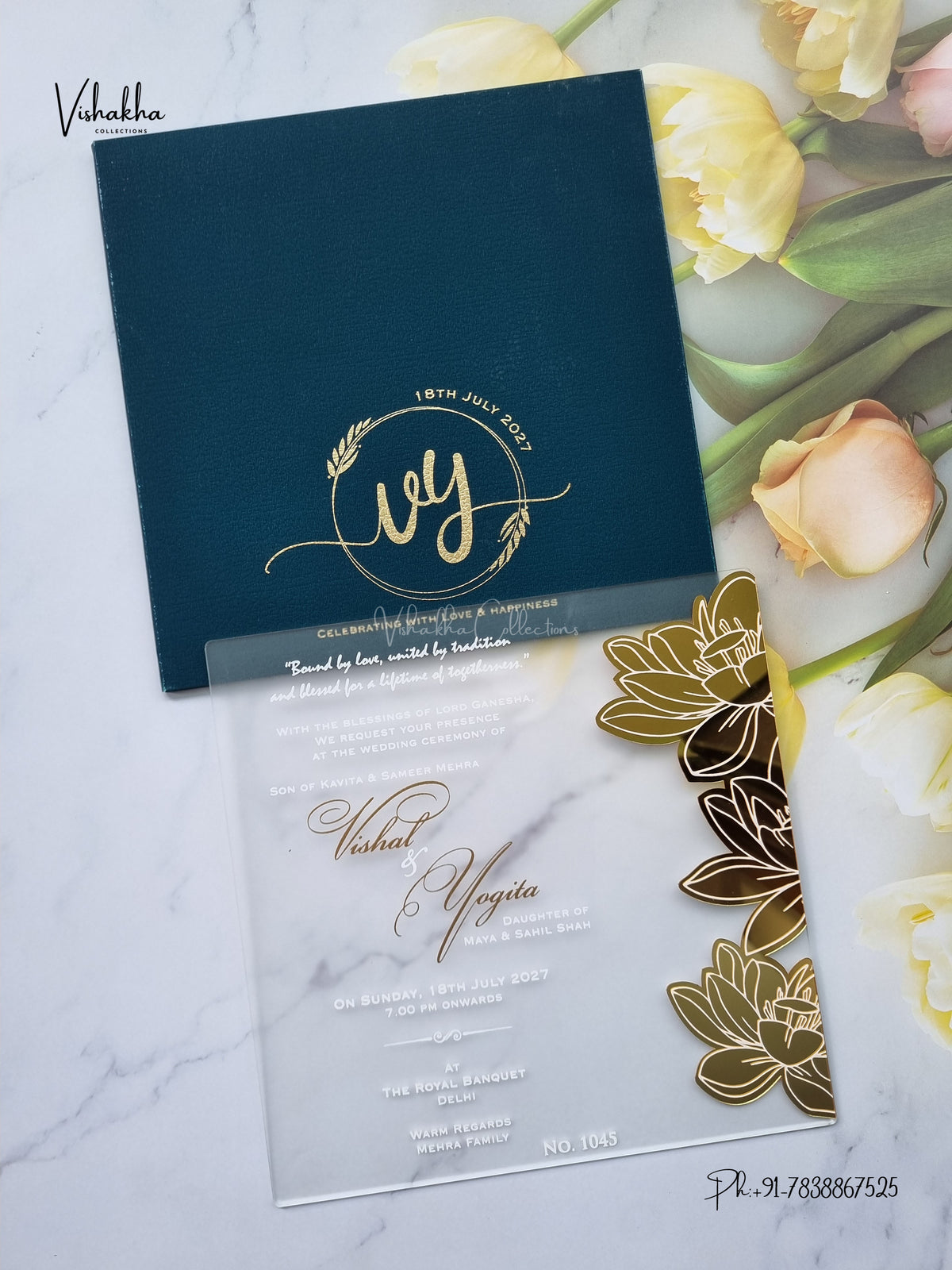 Semi Box Acrylic Flower Hindu Muslim Christian Sikh Jain invitation Cards LN-1045 – image 1