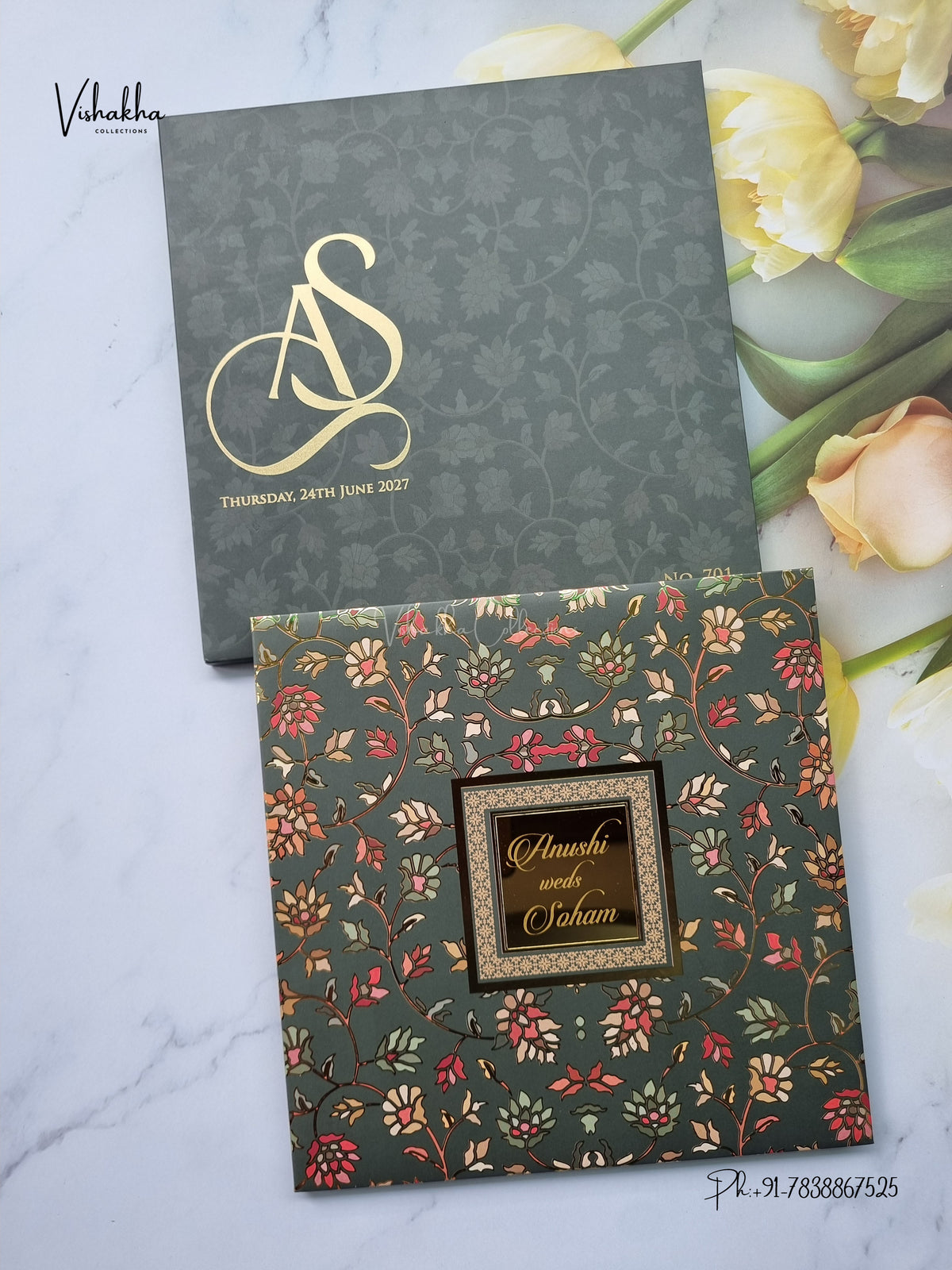 Semi Box Padded Flower Hindu Muslim Christian Sikh Jain invitation Cards LN-701 – image 1