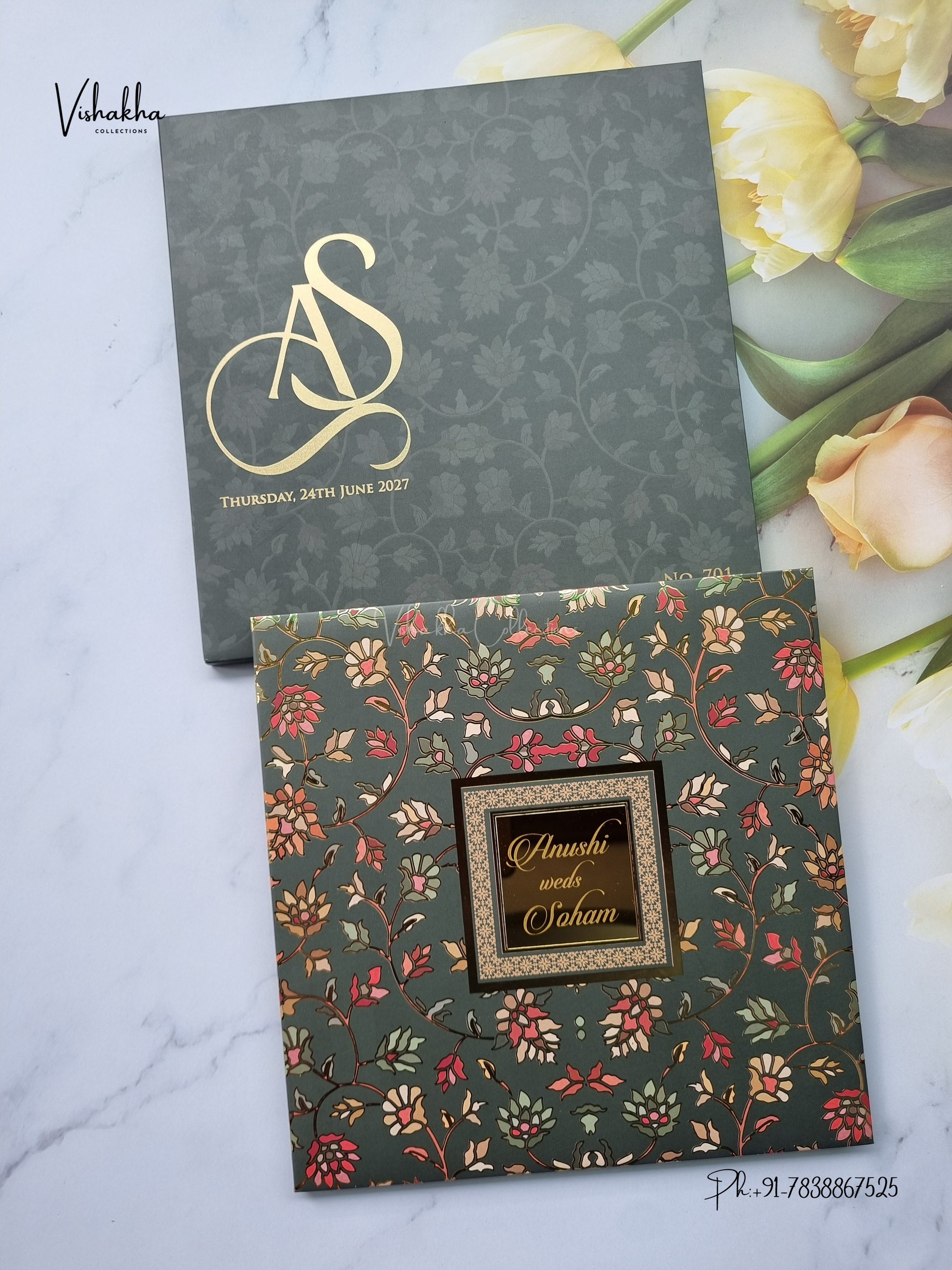 Semi Box Padded Flower Hindu Muslim Christian Sikh Jain invitation Cards LN-701 – image 1