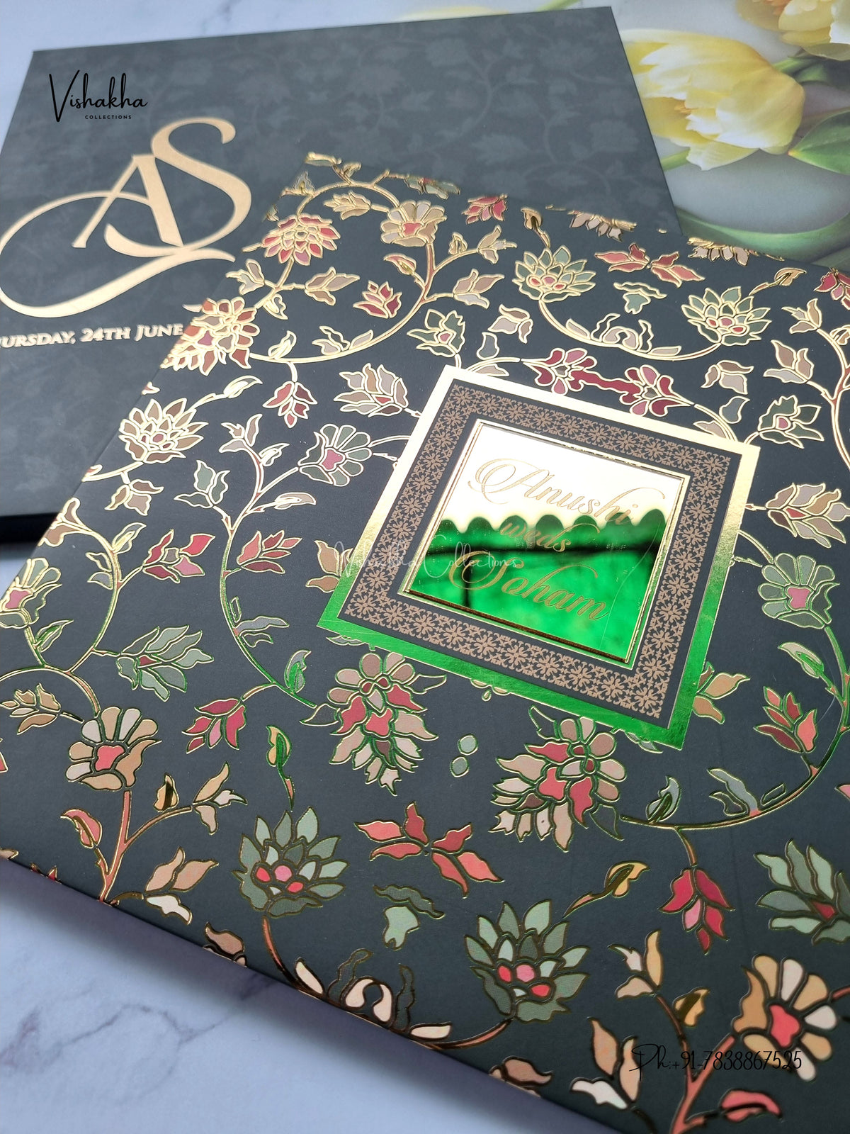 Semi Box Padded Flower Hindu Muslim Christian Sikh Jain invitation Cards LN-701 – image 2