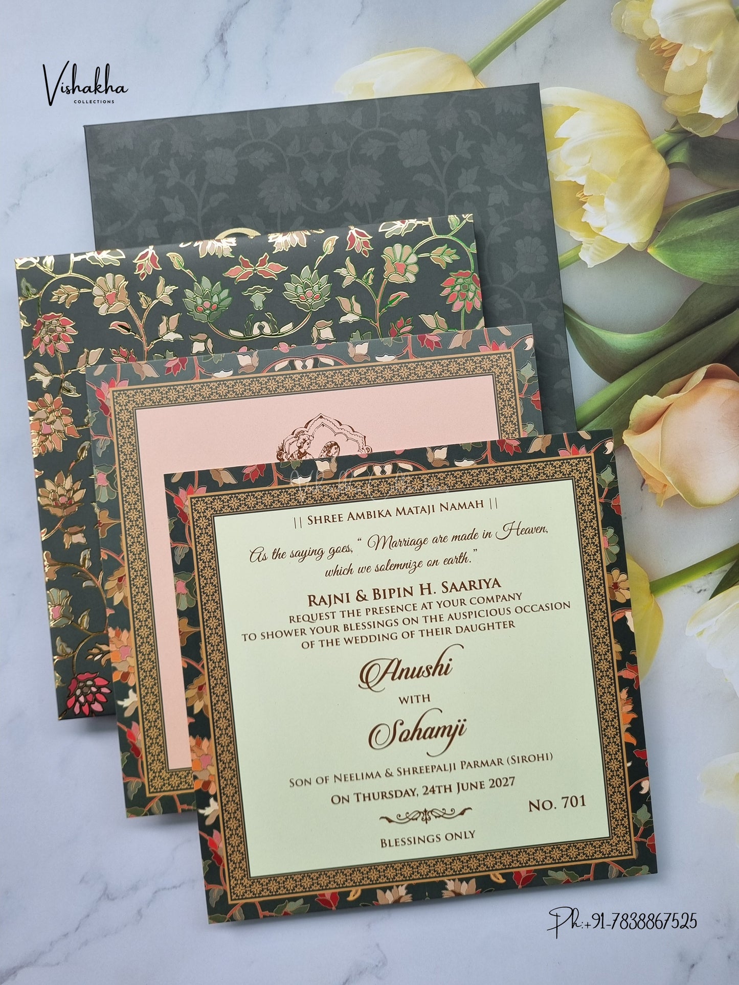 Semi Box Padded Flower Hindu Muslim Christian Sikh Jain invitation Cards LN-701 – image 3