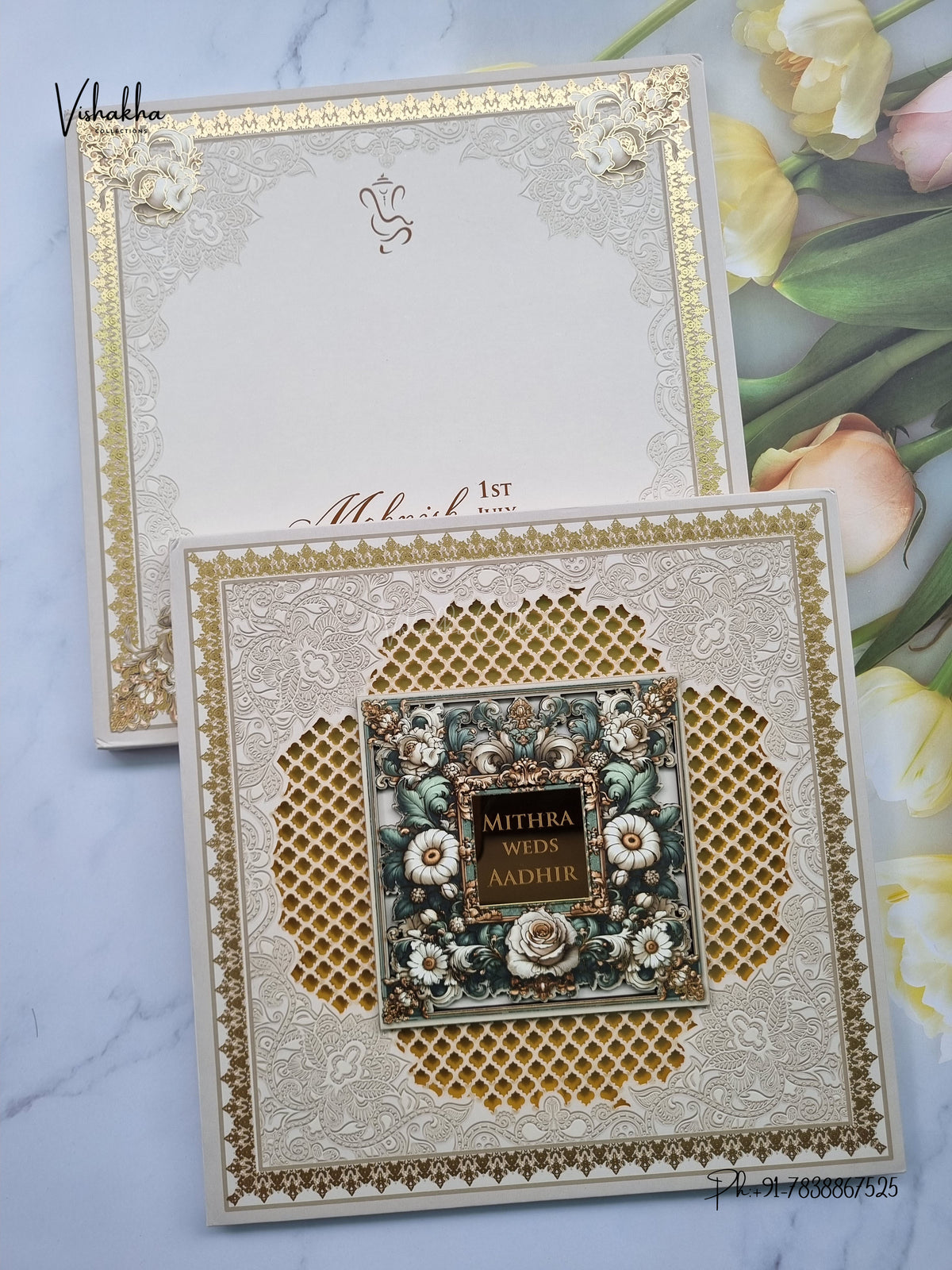 Semi Box MDF Board Laser Cut Padded Flower Hindu Muslim Christian Sikh Jain invitation Cards LN-851 – image 1