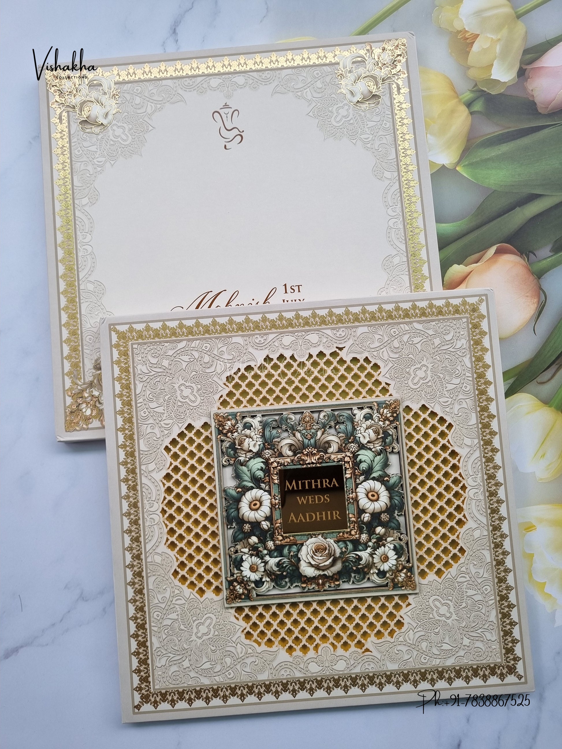 Semi Box MDF Board Laser Cut Padded Flower Hindu Muslim Christian Sikh Jain invitation Cards LN-851 – image 1