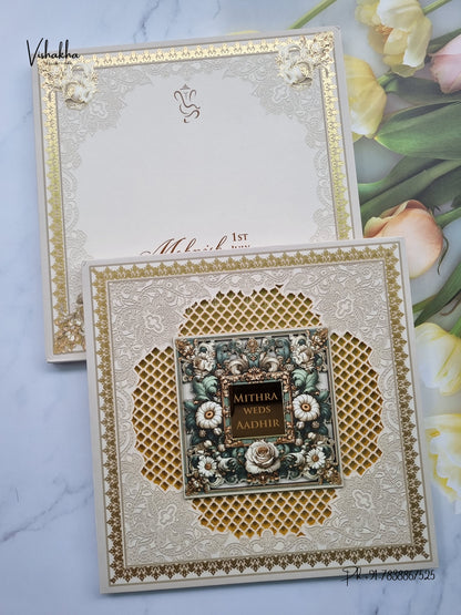 Semi Box MDF Board Laser Cut Padded Flower Hindu Muslim Christian Sikh Jain invitation Cards LN-851 – image 1