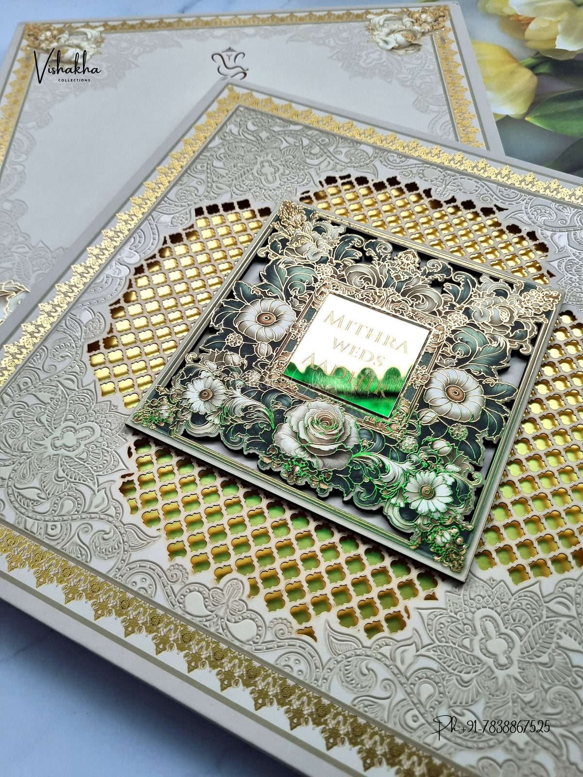 Semi Box MDF Board Laser Cut Padded Flower Hindu Muslim Christian Sikh Jain invitation Cards LN-851 – image 2