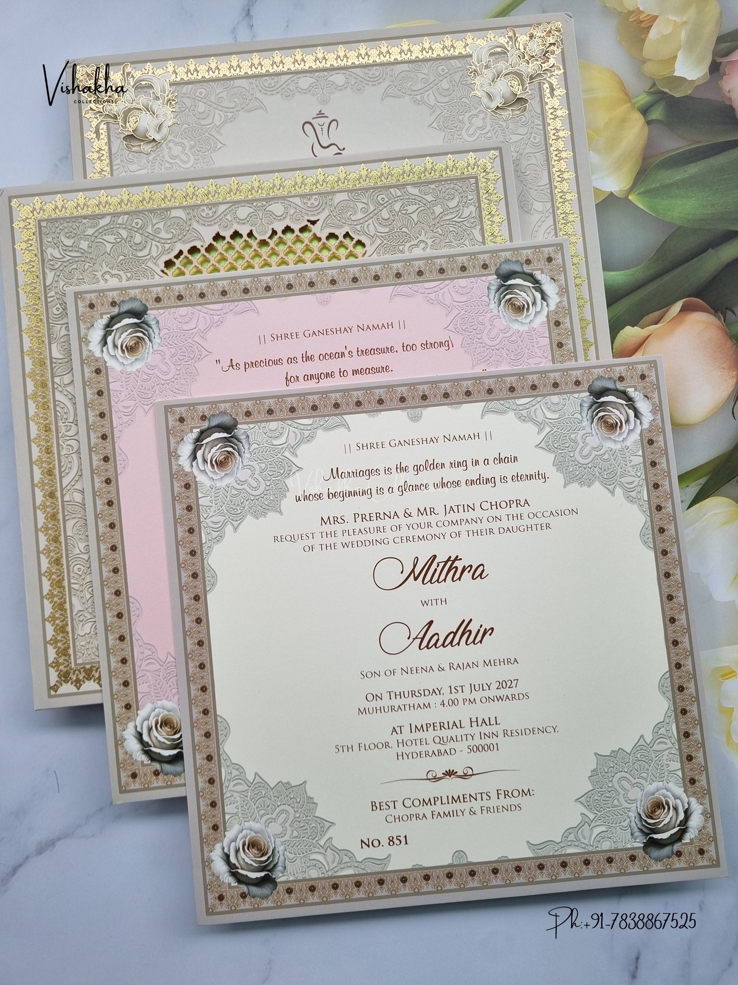 Semi Box MDF Board Laser Cut Padded Flower Hindu Muslim Christian Sikh Jain invitation Cards LN-851 – image 3