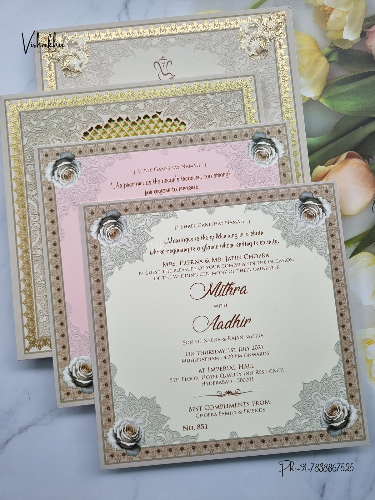 Semi Box MDF Board Laser Cut Padded Flower Hindu Muslim Christian Sikh Jain invitation Cards LN-851 – image 3