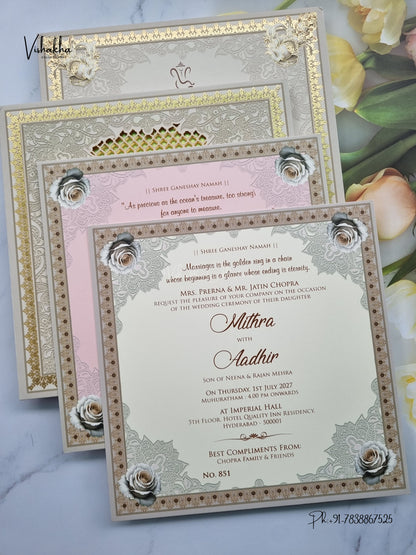 Semi Box MDF Board Laser Cut Padded Flower Hindu Muslim Christian Sikh Jain invitation Cards LN-851 – image 3