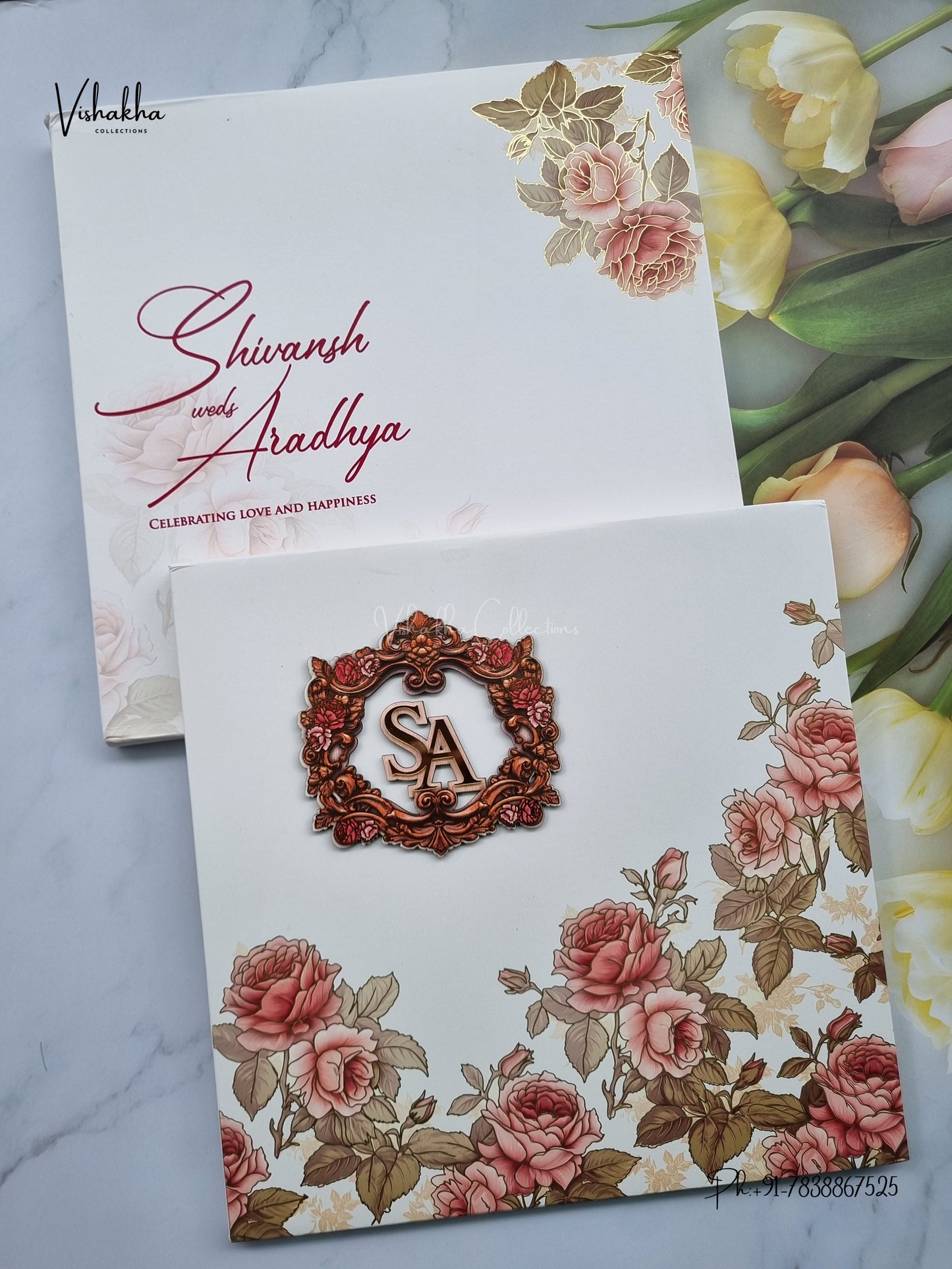 Semi Box MDF Board Laser Cut Padded Rose Hindu Muslim Christian Sikh Jain invitation Cards LN-852 – image 1