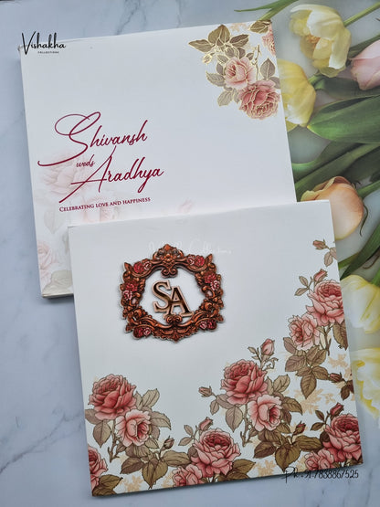 Semi Box MDF Board Laser Cut Padded Rose Hindu Muslim Christian Sikh Jain invitation Cards LN-852 – image 1