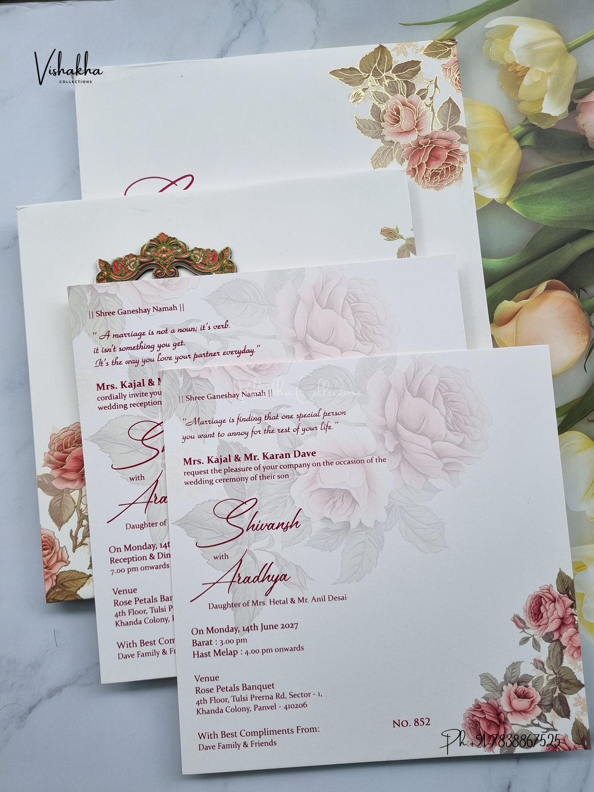 Semi Box MDF Board Laser Cut Padded Rose Hindu Muslim Christian Sikh Jain invitation Cards LN-852 – image 3